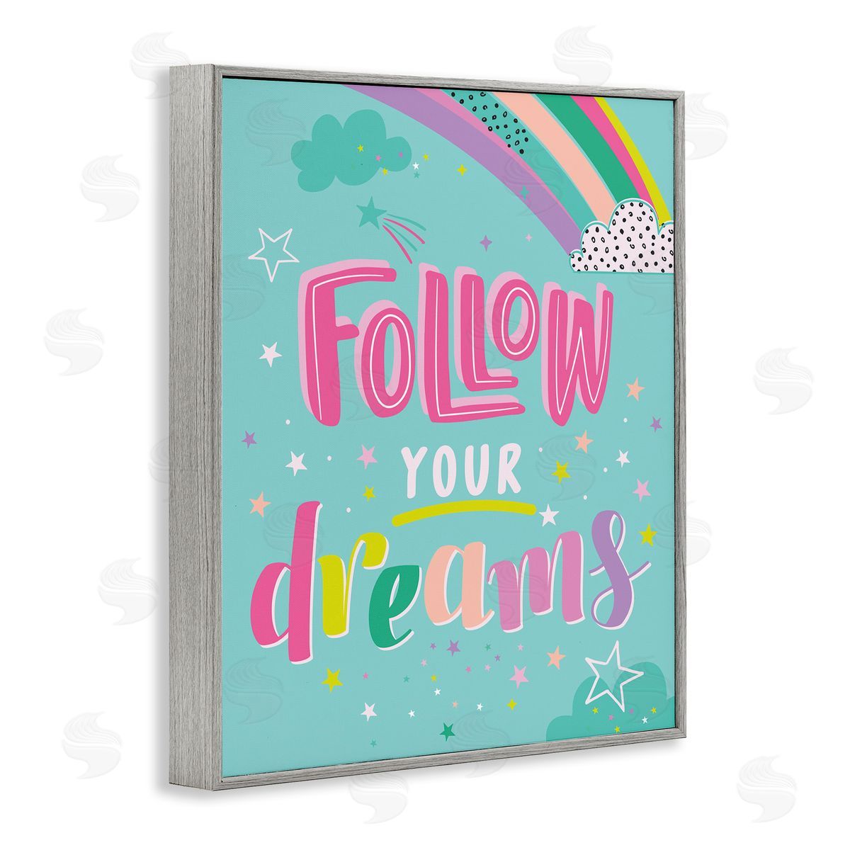 Angela Nickeas Follow Your Dreams Bright Whimsical Patterned Rainbow Stars Gray Framed Giclee Wall Art Print