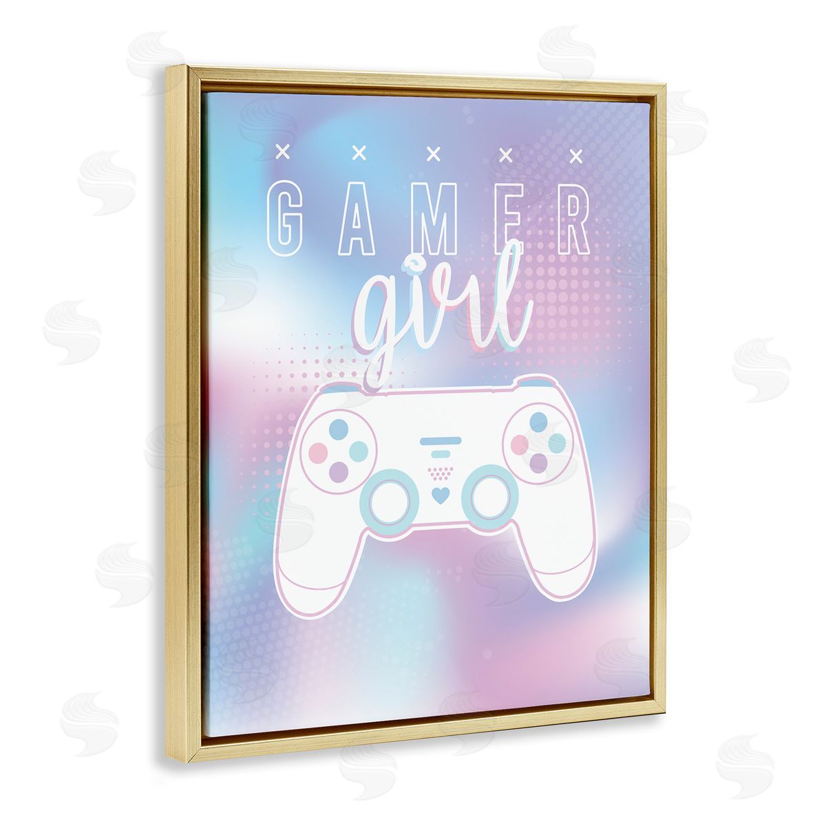 Angela Nickeas Gamer Girl Pastel Typography Video Game Controller  Gold Floating Frame Canvas Wall Art Print