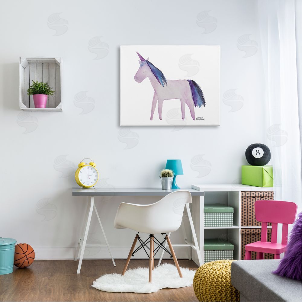 Anna Whitham Purple Fantasy Unicorn Pony Watercolor Effect Painting Canvas Wall Art Print in Room