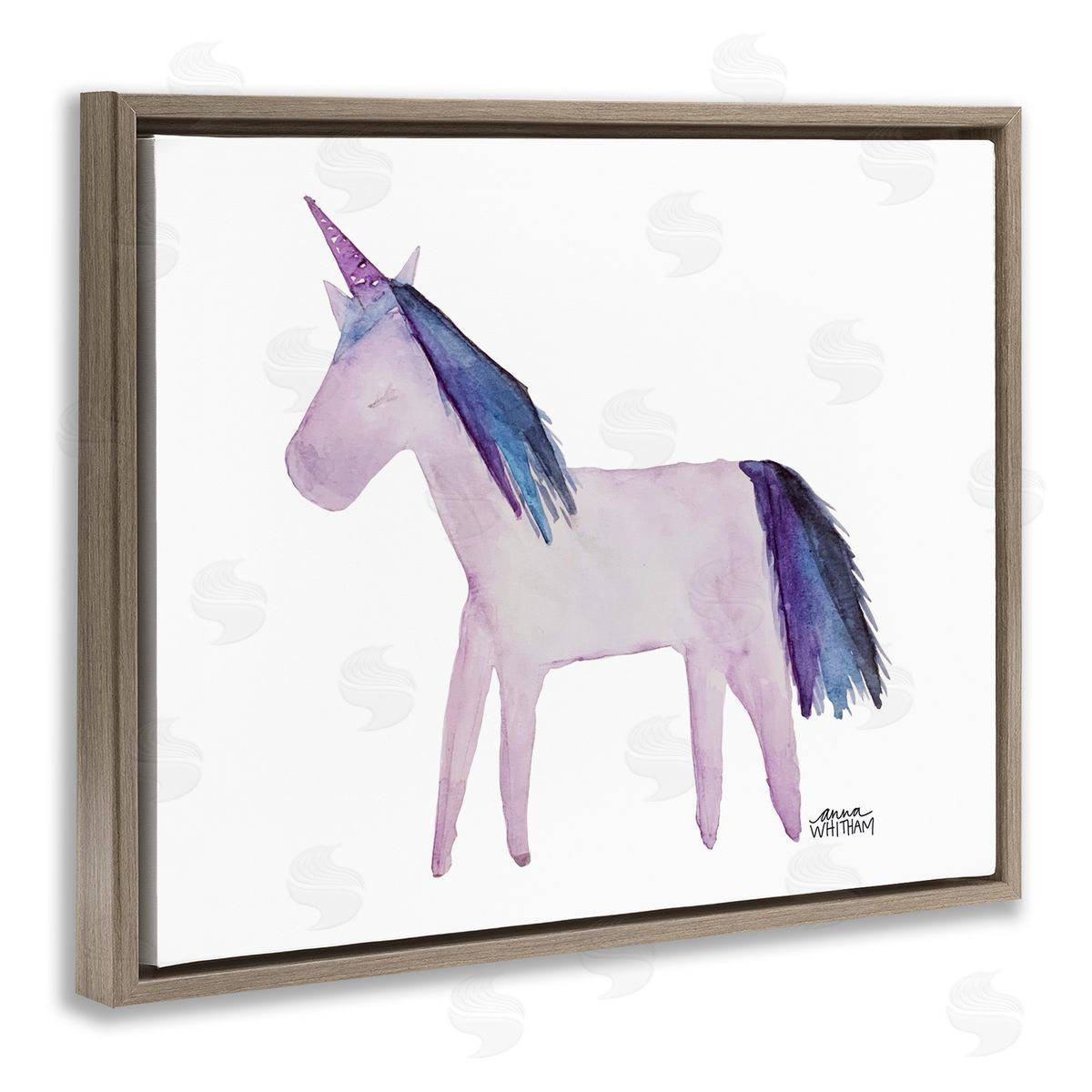 Anna Whitham Purple Fantasy Unicorn Pony Watercolor Effect Painting Brown Floating Frame Canvas Wall Art Print
