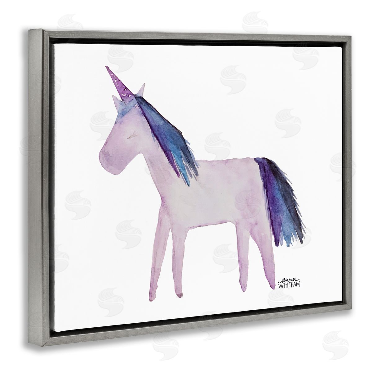 Anna Whitham Purple Fantasy Unicorn Pony Watercolor Effect Painting Gray Floating Frame Canvas Wall Art Print