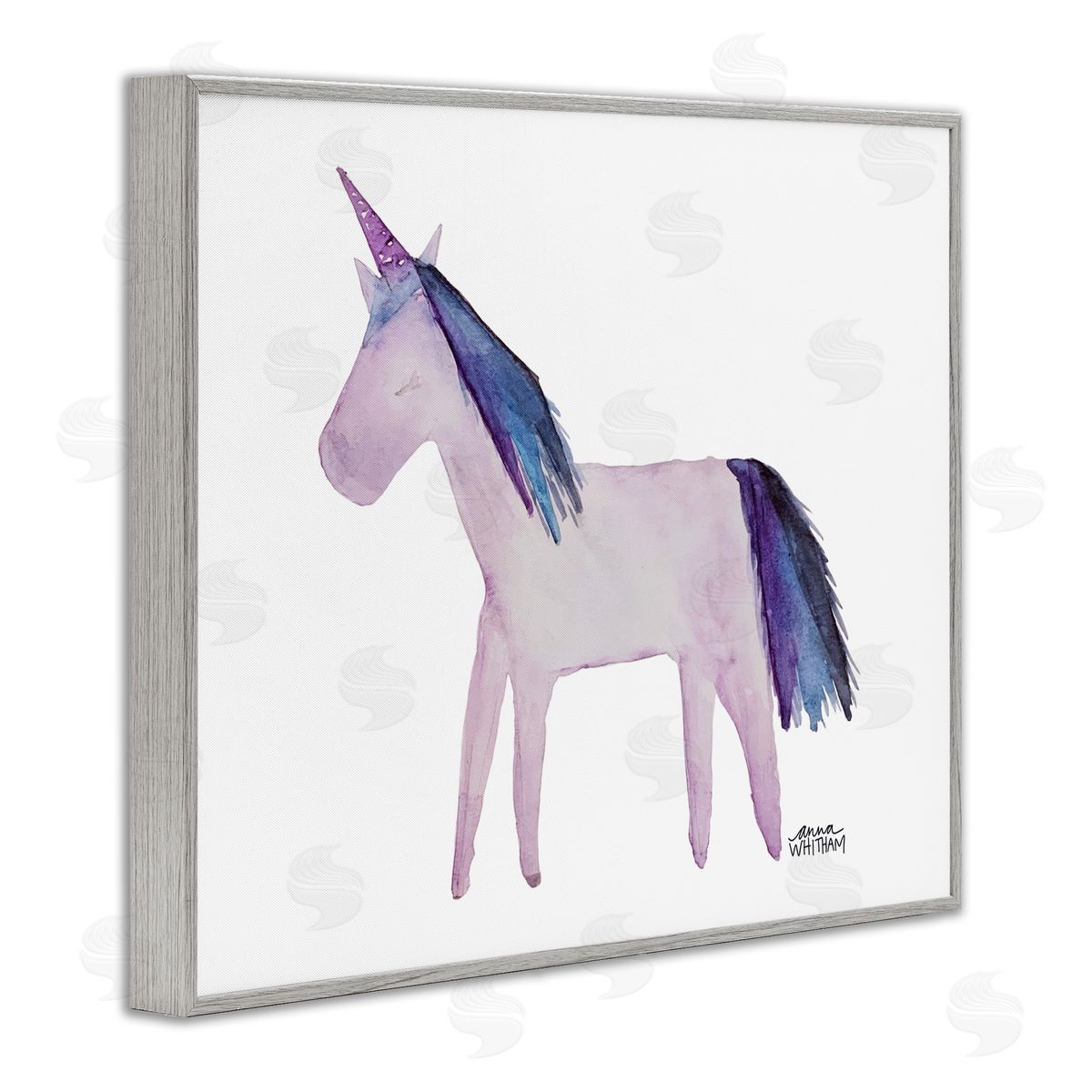 Anna Whitham Purple Fantasy Unicorn Pony Watercolor Effect Painting Gray Framed Giclee Wall Art Print