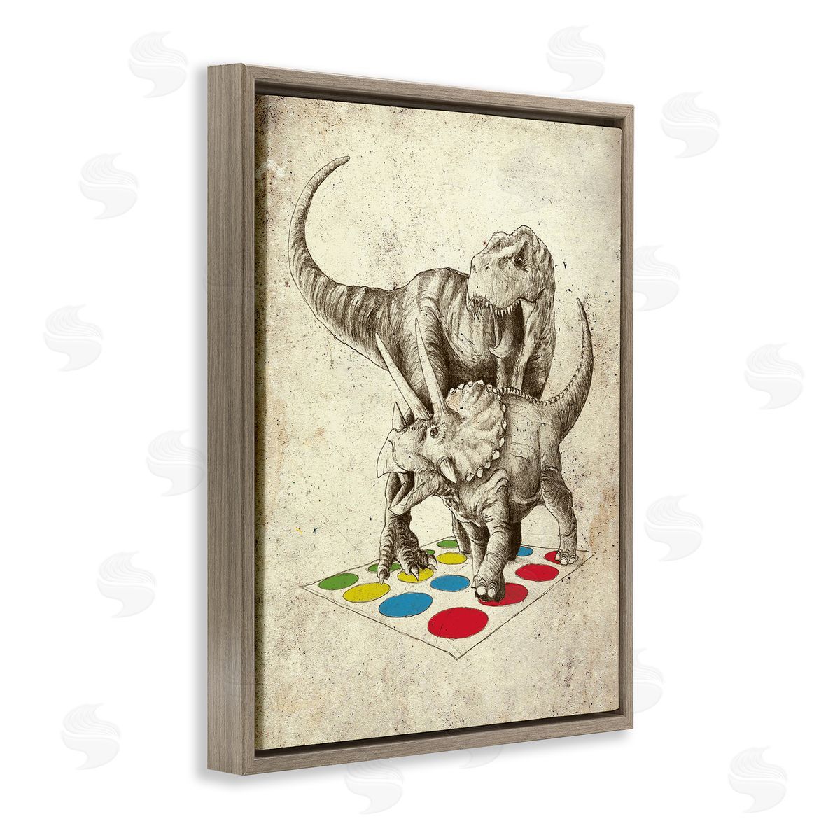 Michael Buxton Humorous Dinosaurs Playing Quirky Game Vintage Effect Brown Floating Frame Canvas Wall Art Print