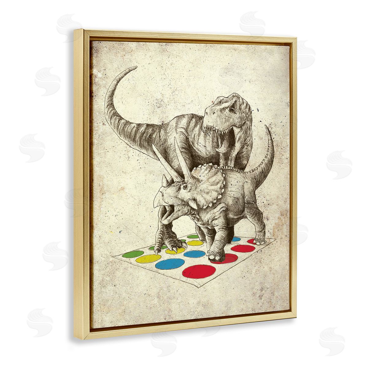 Michael Buxton Humorous Dinosaurs Playing Quirky Game Vintage Effect Gold Floating Frame Canvas Wall Art Print