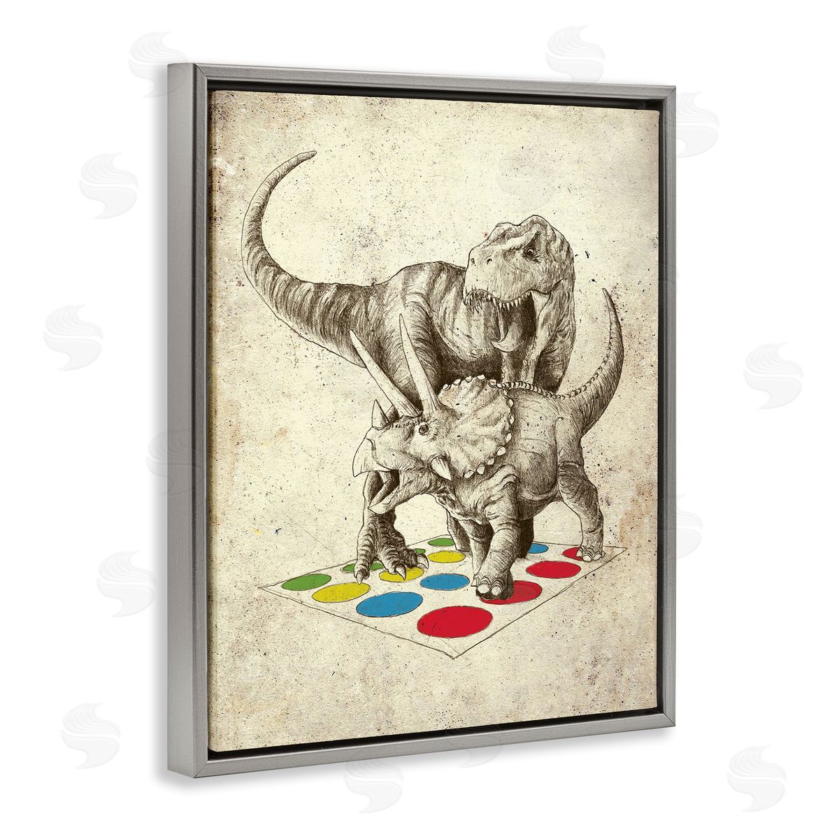 Michael Buxton Humorous Dinosaurs Playing Quirky Game Vintage Effect Gray Floating Frame Canvas Wall Art Print