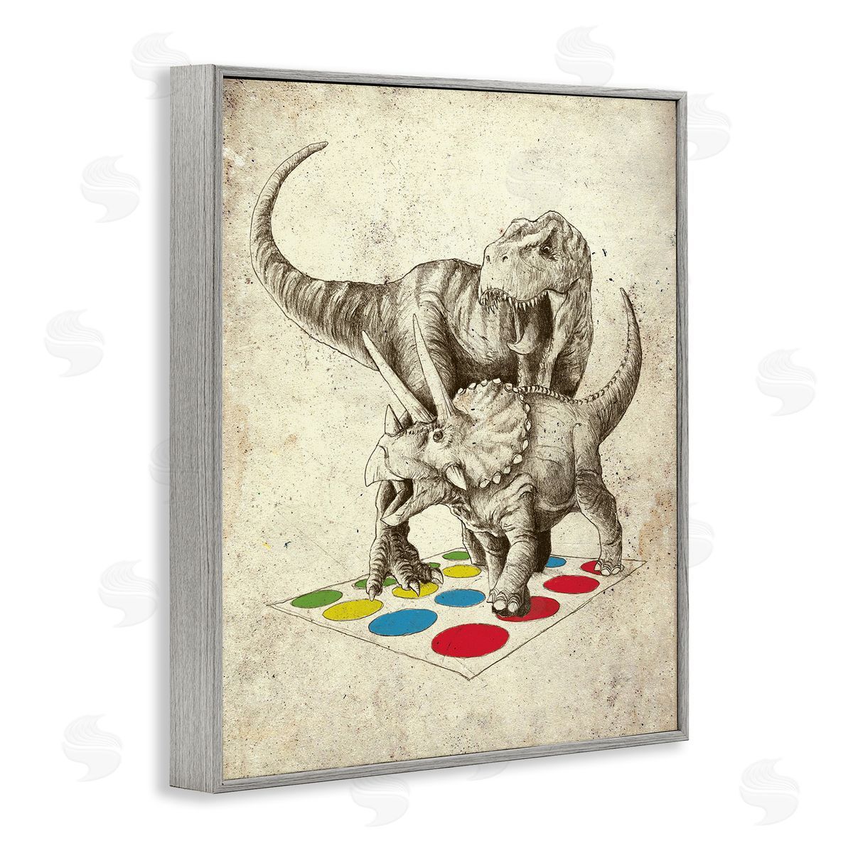 Michael Buxton Humorous Dinosaurs Playing Quirky Game Vintage Effect Gray Framed Giclee Wall Art Print