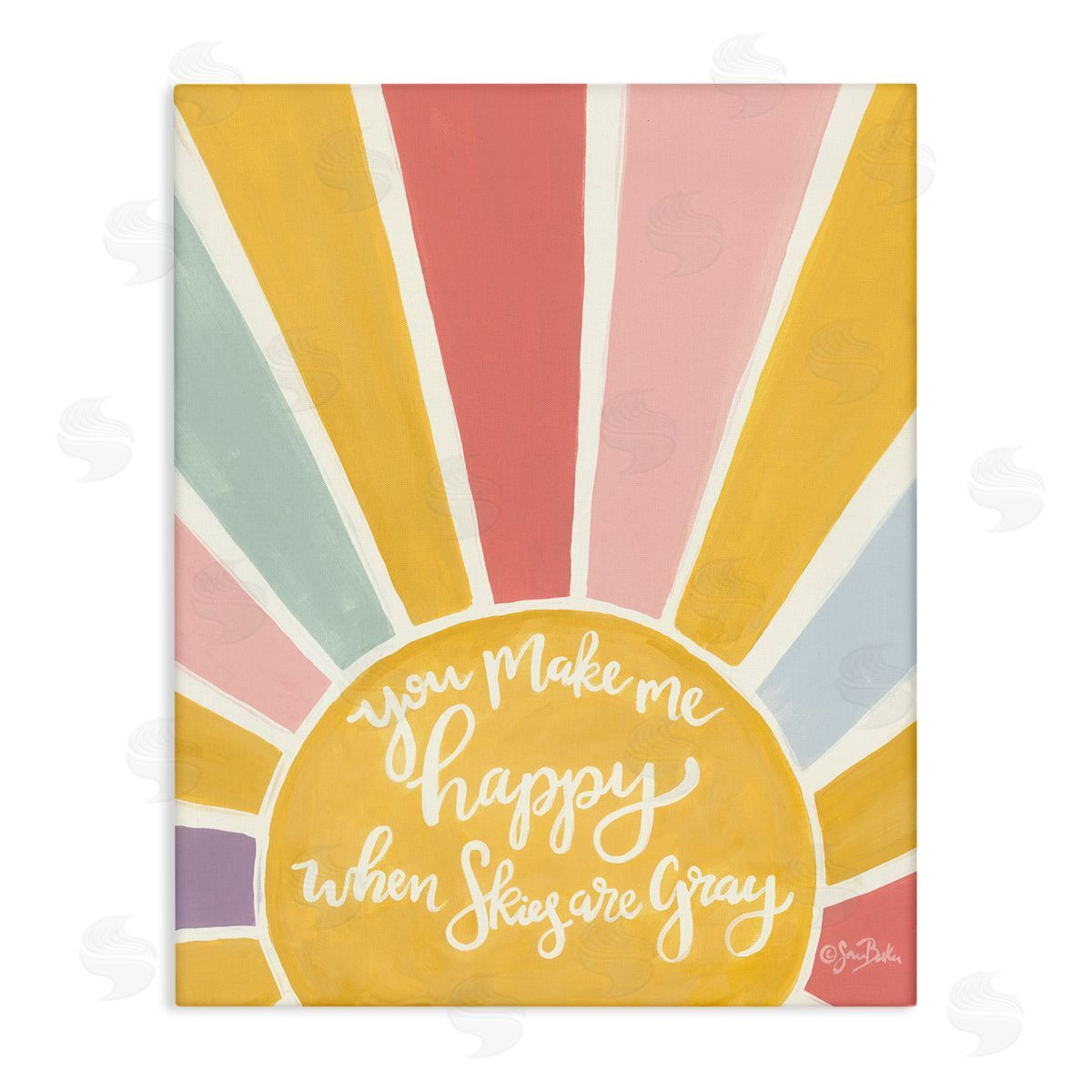 Sara Baker You Make Me Happy Yellow Striped Sunshine Calligraphy  Stretched Canvas Wall Art Print