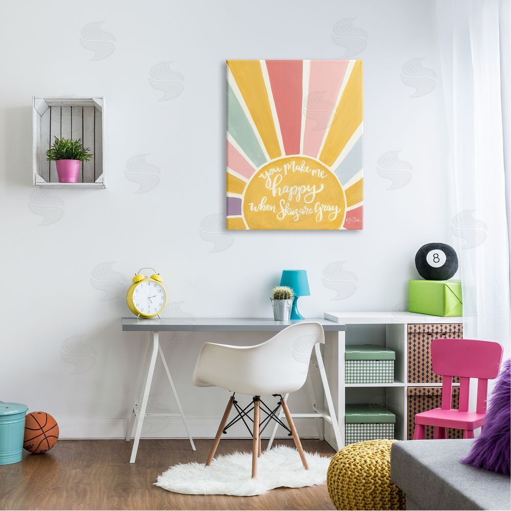 Sara Baker You Make Me Happy Yellow Striped Sunshine Calligraphy  Canvas Wall Art Print in Room