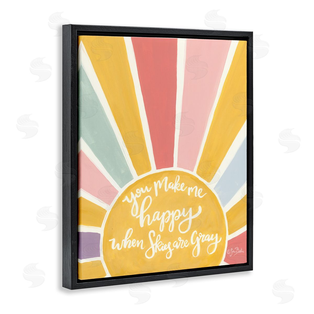 Sara Baker You Make Me Happy Yellow Striped Sunshine Calligraphy  Black Floating Frame Canvas Wall Art Print