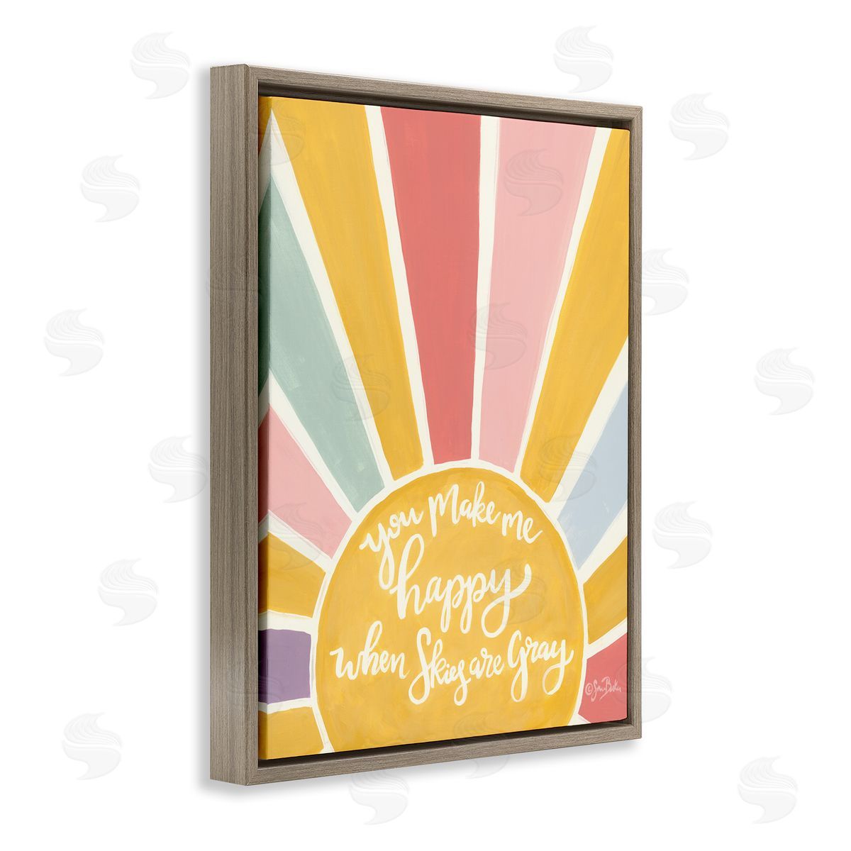 Sara Baker You Make Me Happy Yellow Striped Sunshine Calligraphy  Brown Floating Frame Canvas Wall Art Print