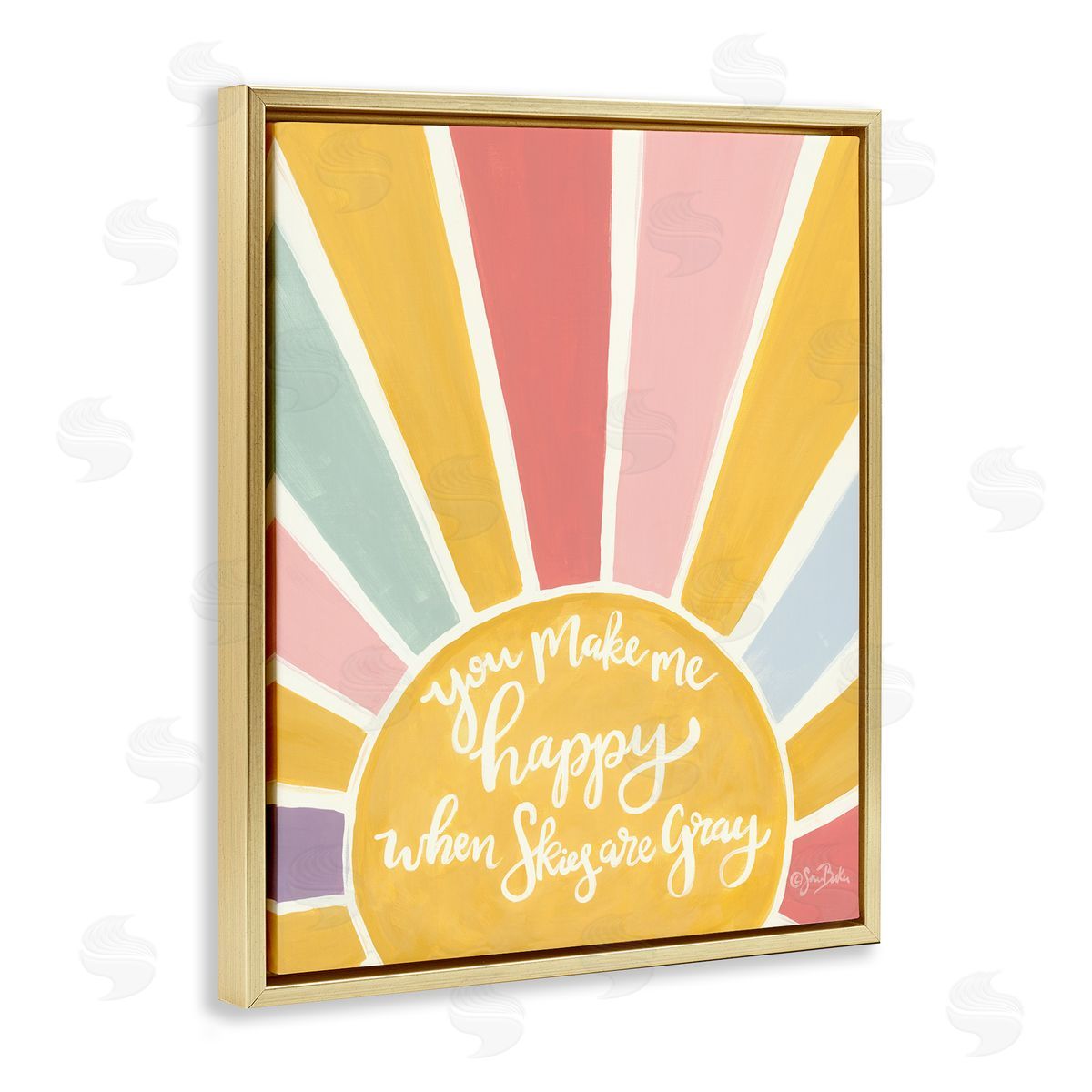 Sara Baker You Make Me Happy Yellow Striped Sunshine Calligraphy  Gold Floating Frame Canvas Wall Art Print