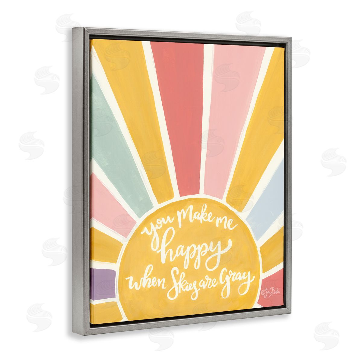 Sara Baker You Make Me Happy Yellow Striped Sunshine Calligraphy  Gray Floating Frame Canvas Wall Art Print