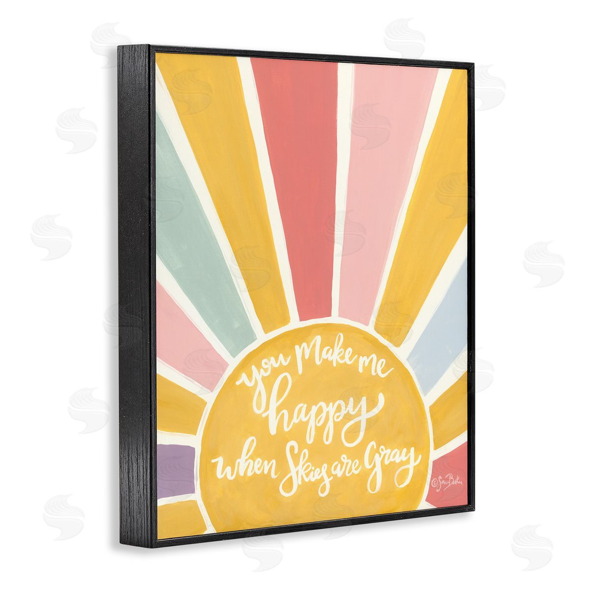 Sara Baker You Make Me Happy Yellow Striped Sunshine Calligraphy  Black Framed Giclee Wall Art Print