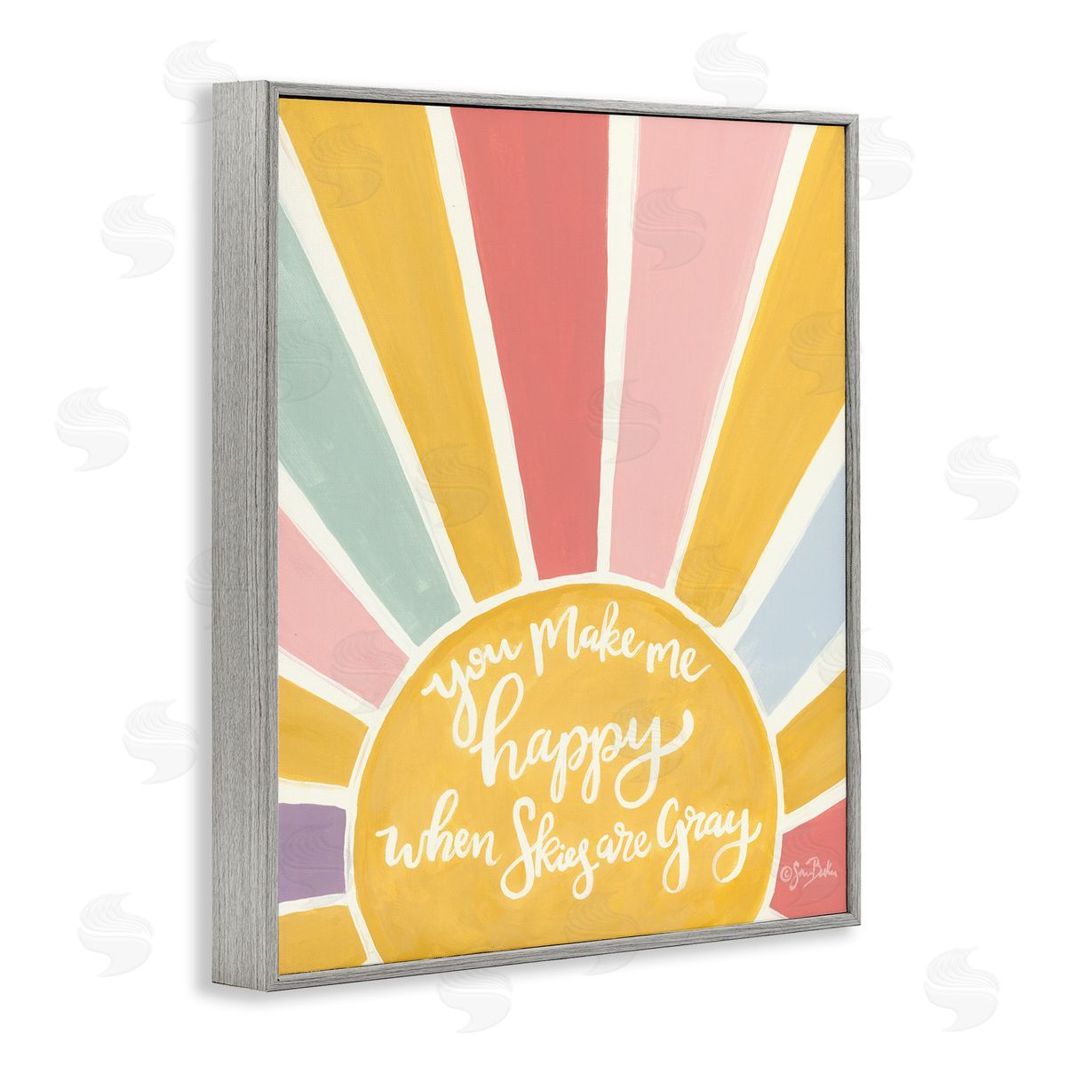 Sara Baker You Make Me Happy Yellow Striped Sunshine Calligraphy  Gray Framed Giclee Wall Art Print
