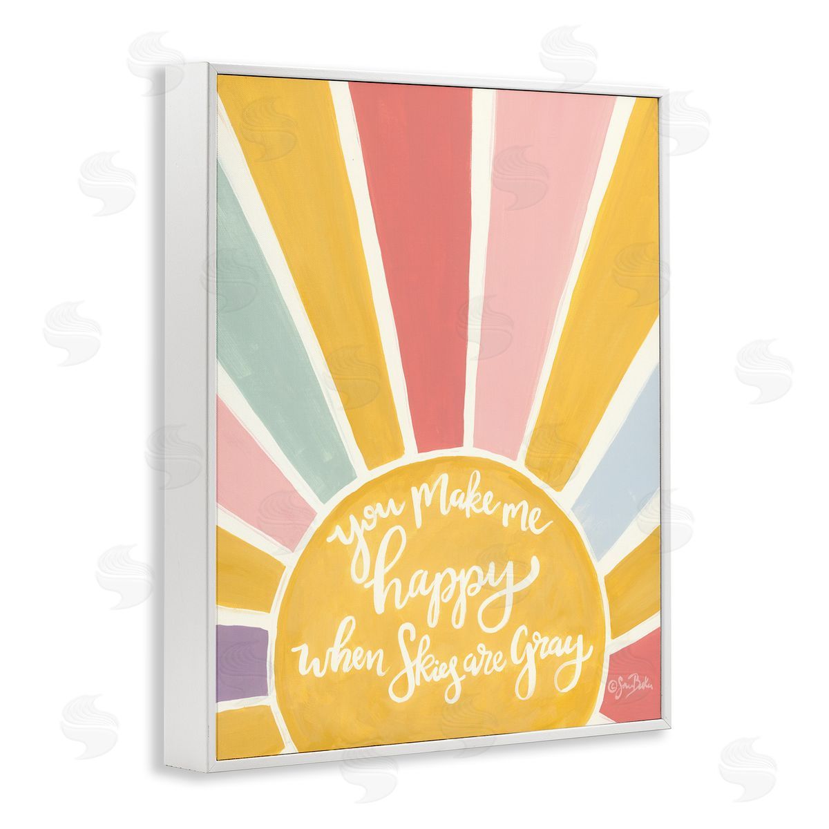 Sara Baker You Make Me Happy Yellow Striped Sunshine Calligraphy  White Framed Giclee Wall Art Print
