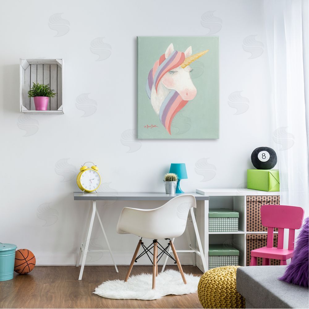 Sara Baker Dazzling Unicorn Pastel Striped Mane Fantasy Horse Canvas Wall Art Print in Room