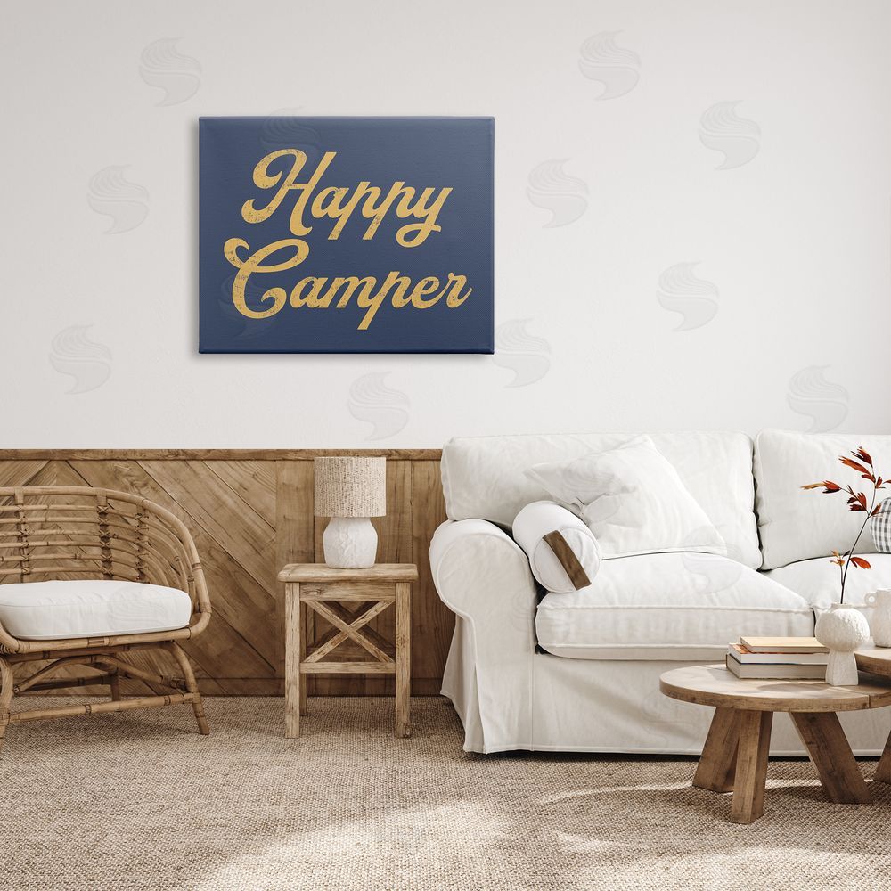 Stupell Studio Happy Camper Vintage Script Phrase Yellow  Canvas Wall Art Print in Room