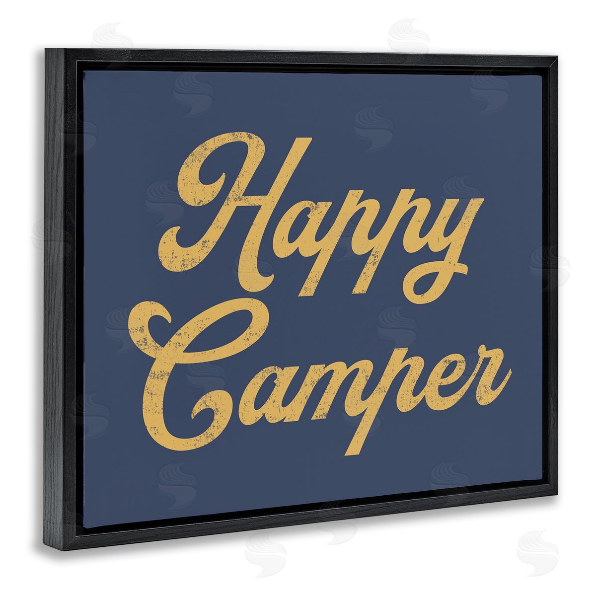 Stupell Studio Happy Camper Vintage Script Phrase Yellow  Black Floating Frame Canvas Wall Art Print