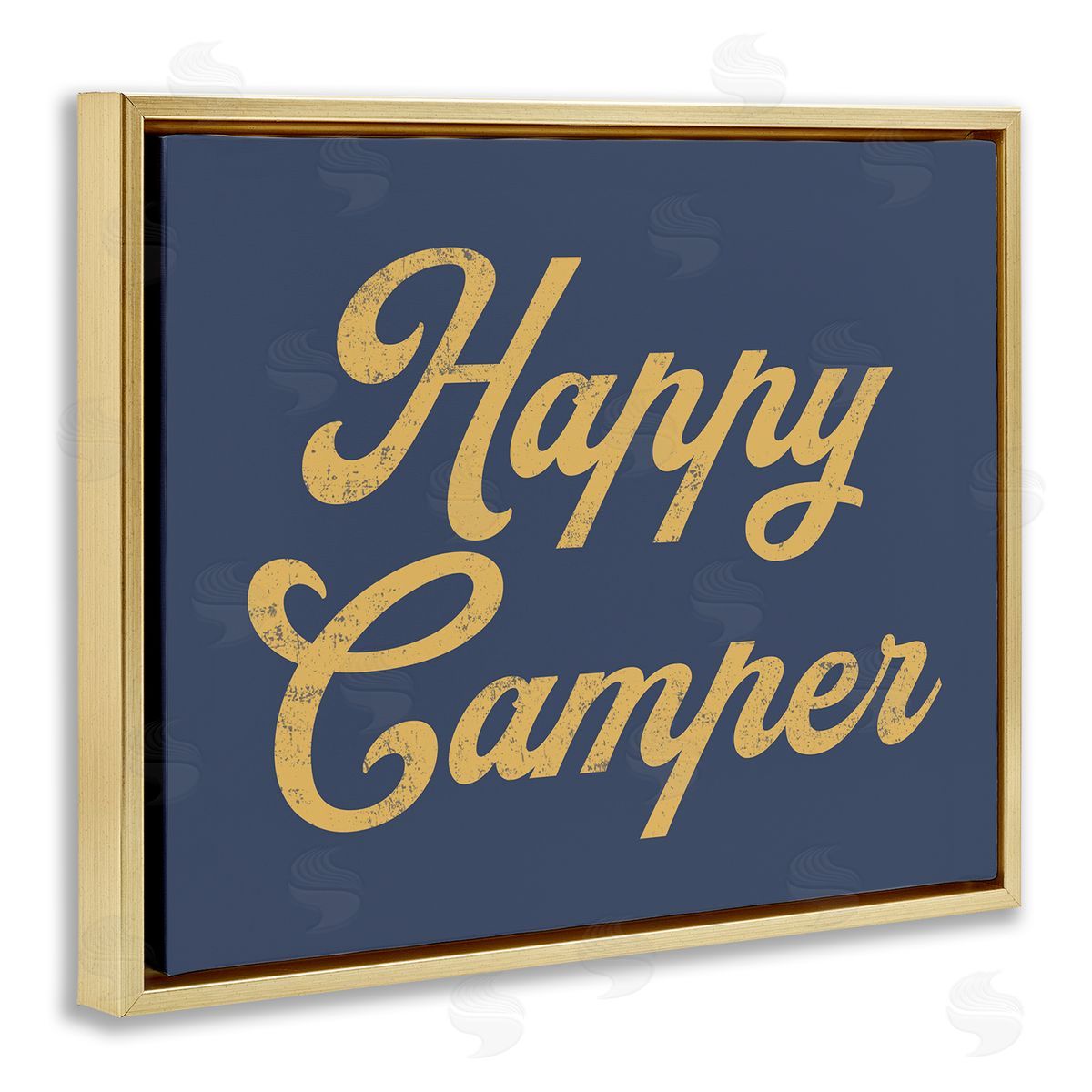 Stupell Studio Happy Camper Vintage Script Phrase Yellow  Gold Floating Frame Canvas Wall Art Print