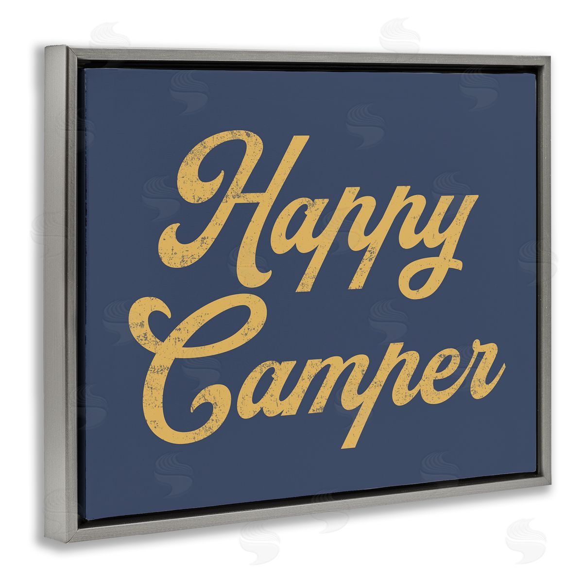 Stupell Studio Happy Camper Vintage Script Phrase Yellow  Gray Floating Frame Canvas Wall Art Print