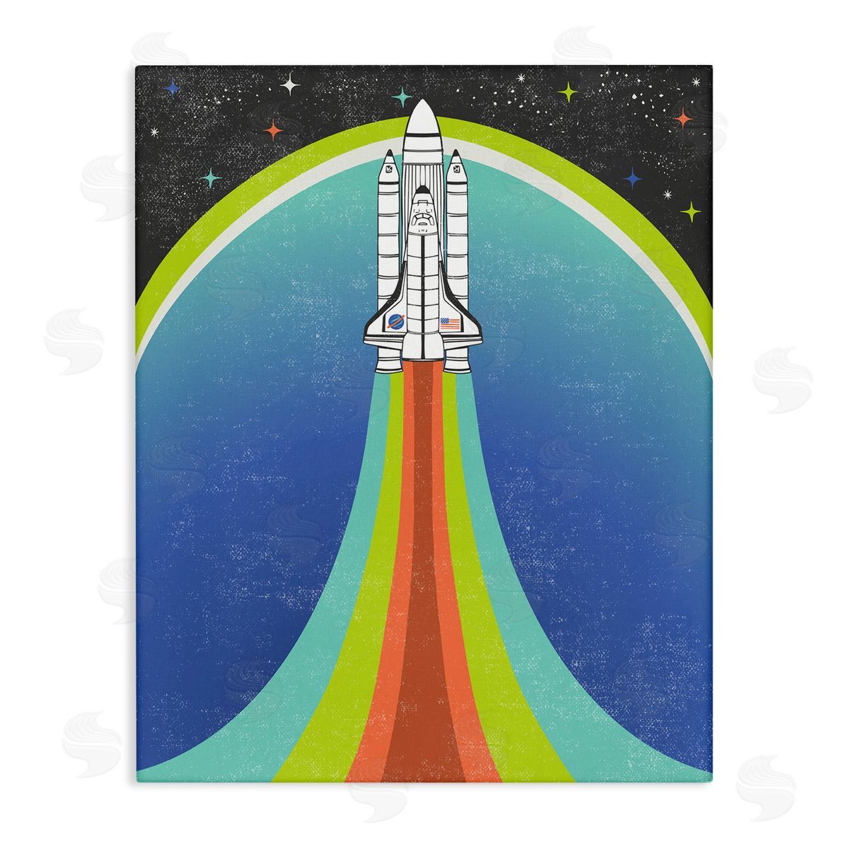 Caroline Alfreds Rocket Ship Taking Off Outer Space Striped Pattern Stretched Canvas Wall Art Print