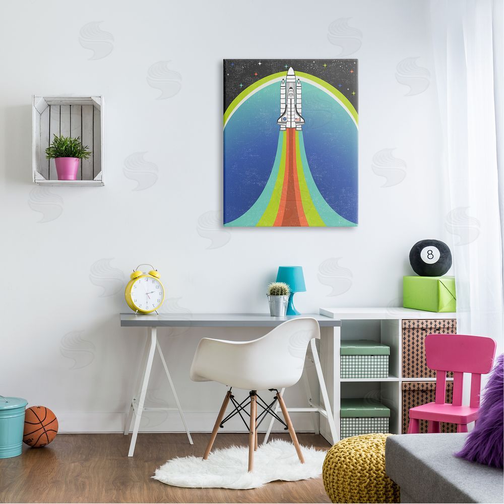 Caroline Alfreds Rocket Ship Taking Off Outer Space Striped Pattern Canvas Wall Art Print in Room