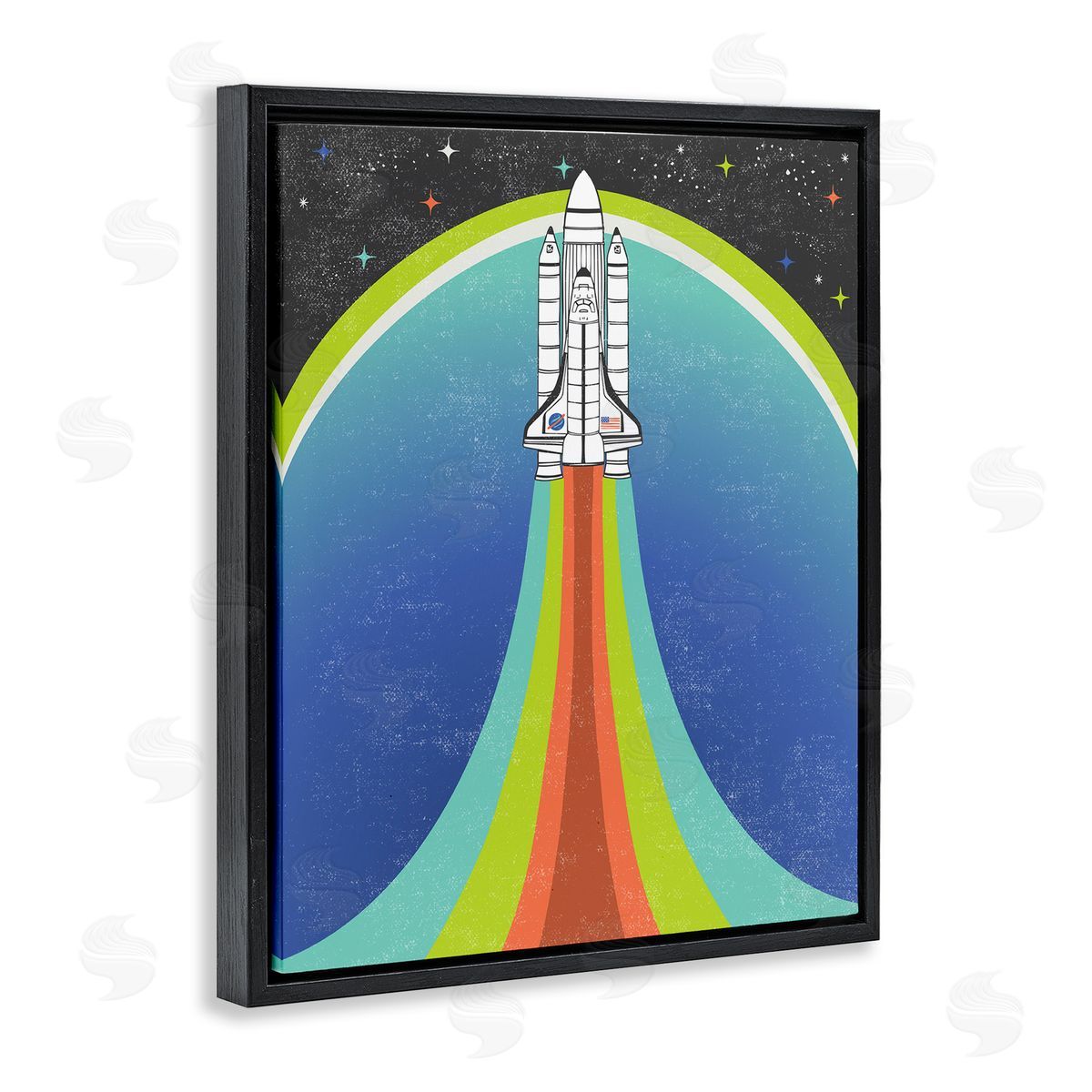 Caroline Alfreds Rocket Ship Taking Off Outer Space Striped Pattern Black Floating Frame Canvas Wall Art Print