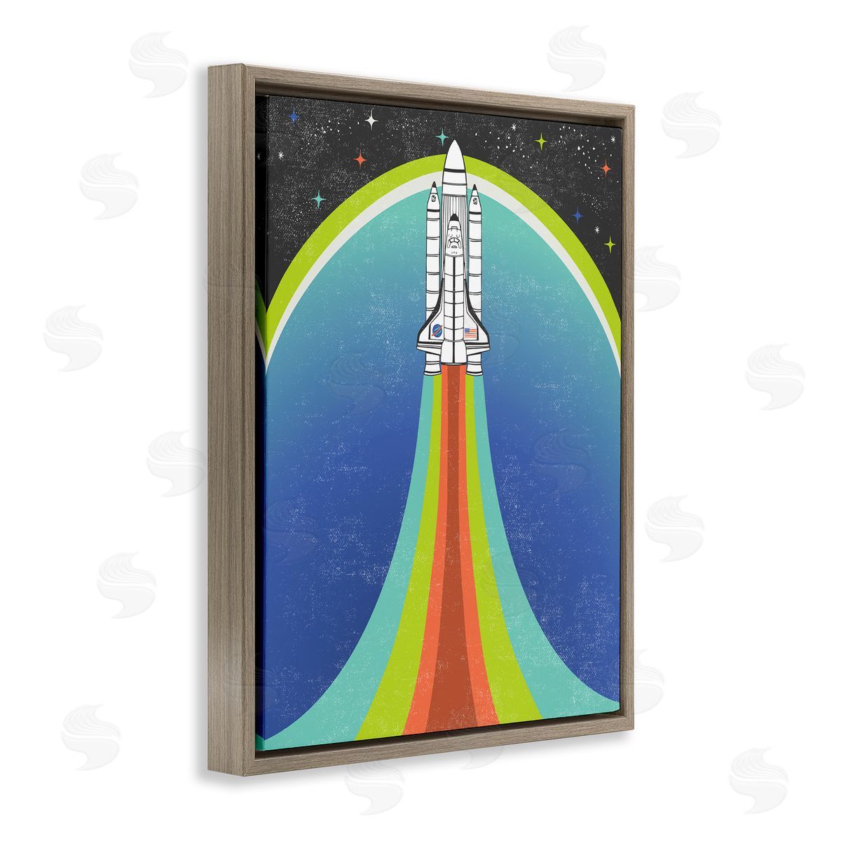 Caroline Alfreds Rocket Ship Taking Off Outer Space Striped Pattern Brown Floating Frame Canvas Wall Art Print