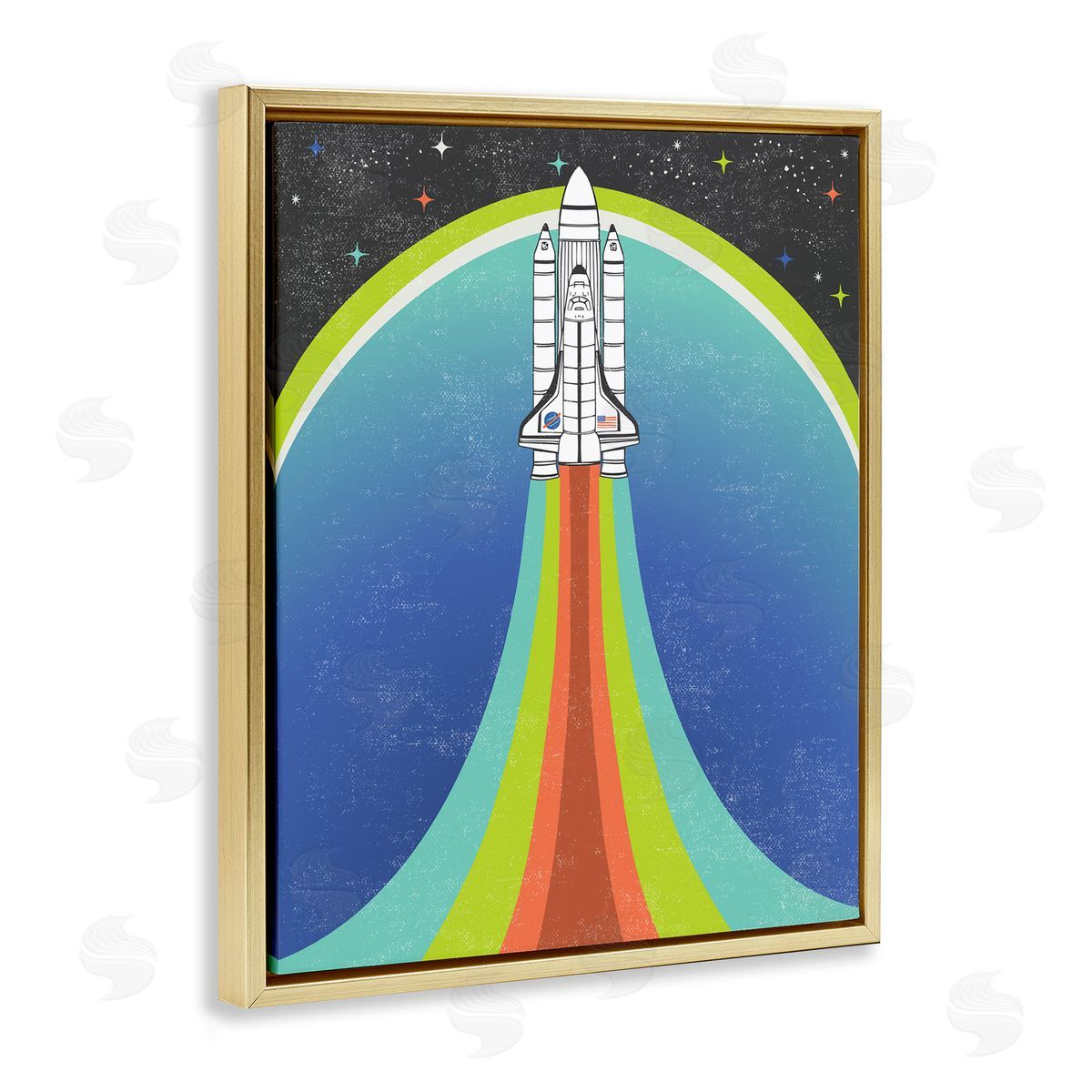 Caroline Alfreds Rocket Ship Taking Off Outer Space Striped Pattern Gold Floating Frame Canvas Wall Art Print