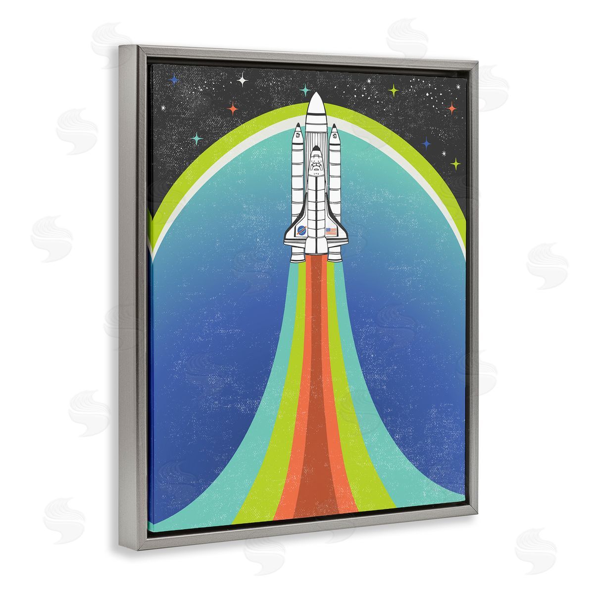 Caroline Alfreds Rocket Ship Taking Off Outer Space Striped Pattern Gray Floating Frame Canvas Wall Art Print