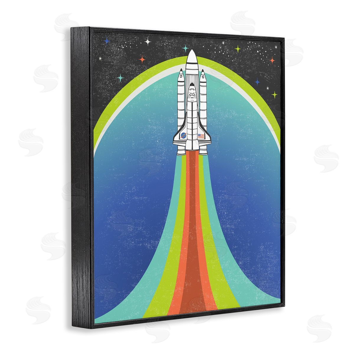Caroline Alfreds Rocket Ship Taking Off Outer Space Striped Pattern Black Framed Giclee Wall Art Print