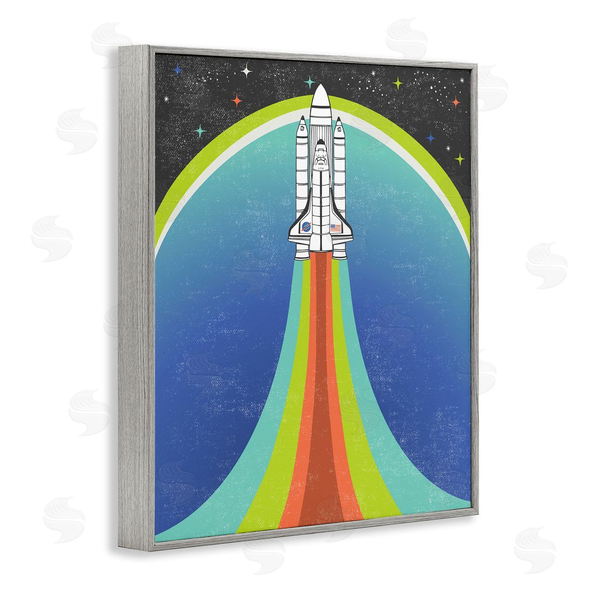Caroline Alfreds Rocket Ship Taking Off Outer Space Striped Pattern Gray Framed Giclee Wall Art Print