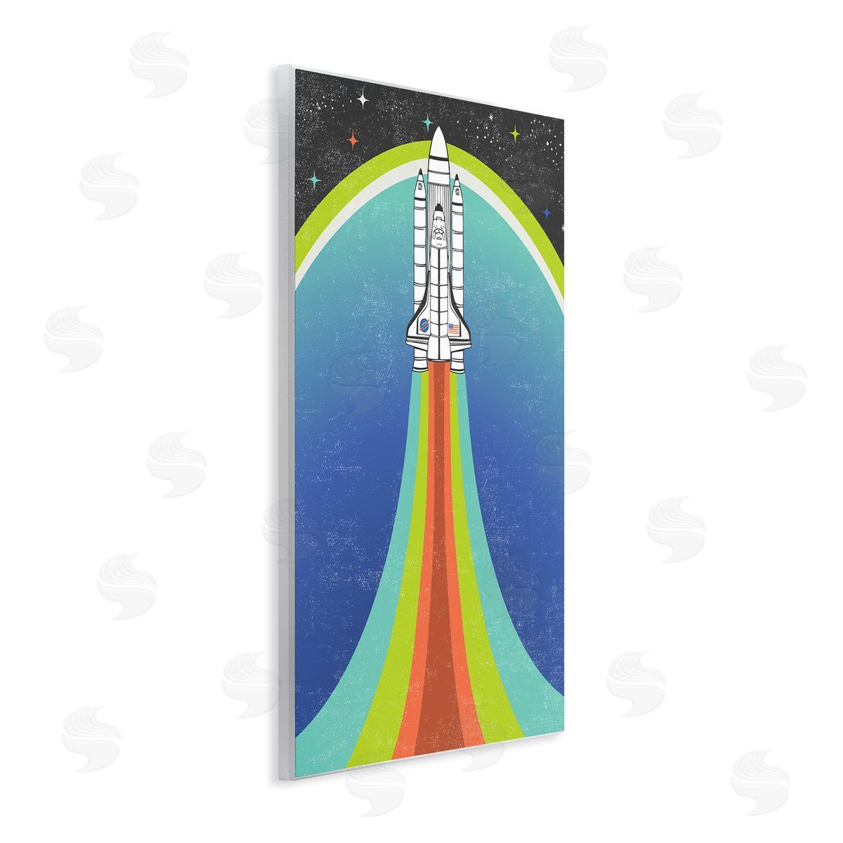 Caroline Alfreds Rocket Ship Taking Off Outer Space Striped Pattern Wall Plaque Art Print