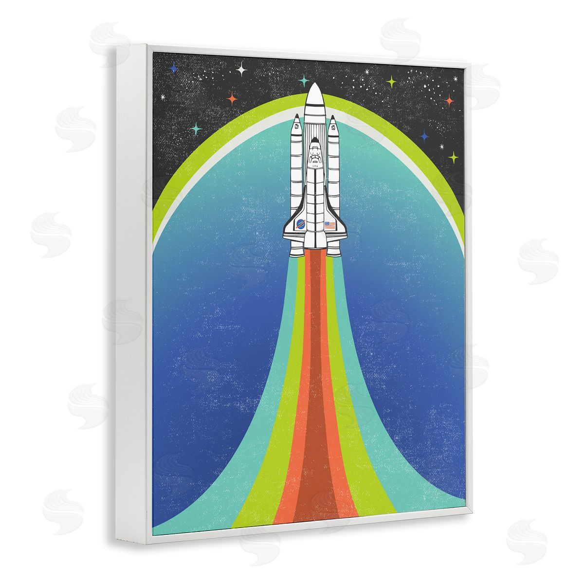 Caroline Alfreds Rocket Ship Taking Off Outer Space Striped Pattern White Framed Giclee Wall Art Print