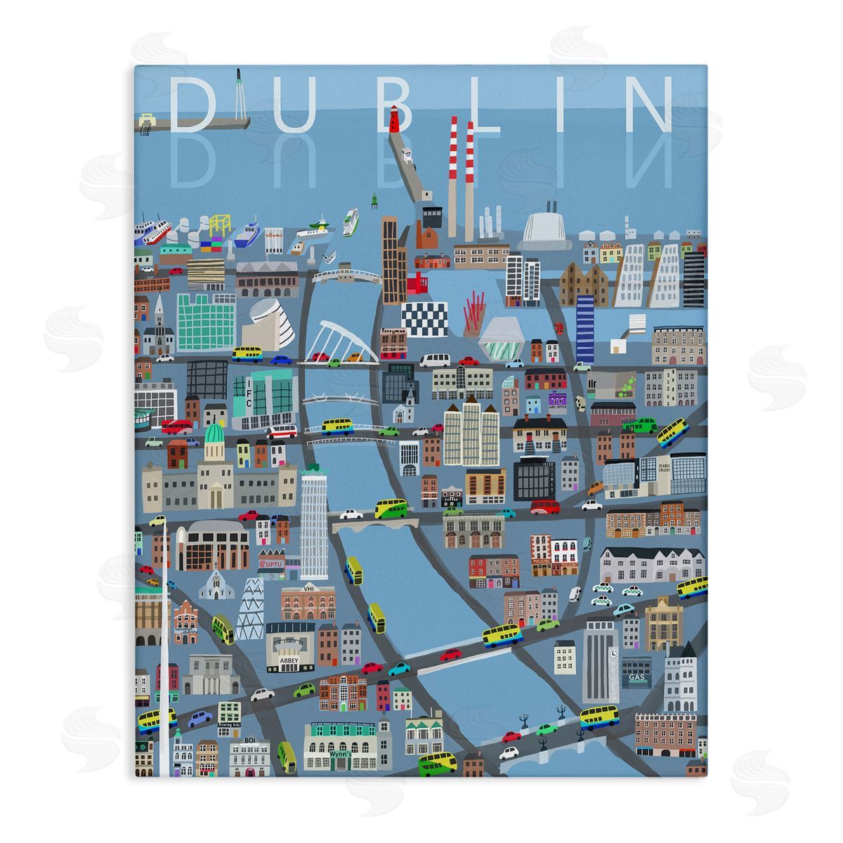 Carla Daly Dublin Coastal City Map Bridges Buildings Stretched Canvas Wall Art Print