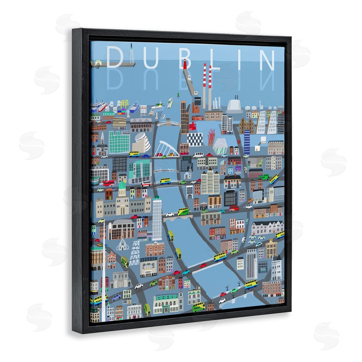 Carla Daly Dublin Coastal City Map Bridges Buildings Black Floating Frame Canvas Wall Art Print