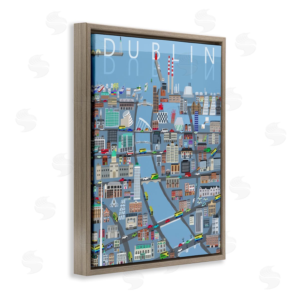 Carla Daly Dublin Coastal City Map Bridges Buildings Brown Floating Frame Canvas Wall Art Print