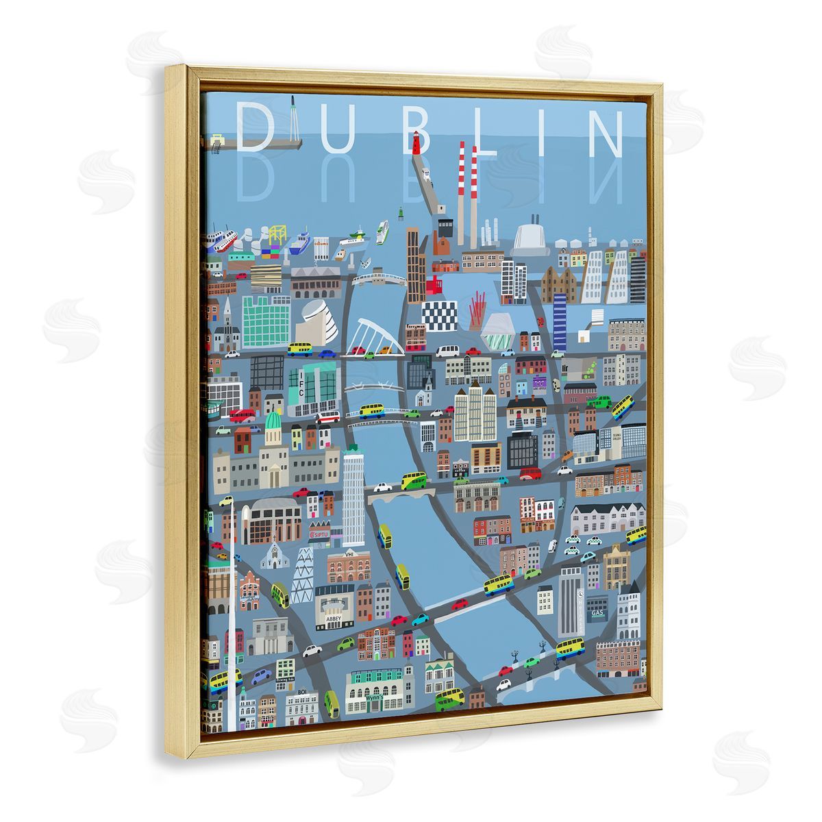 Carla Daly Dublin Coastal City Map Bridges Buildings Gold Floating Frame Canvas Wall Art Print