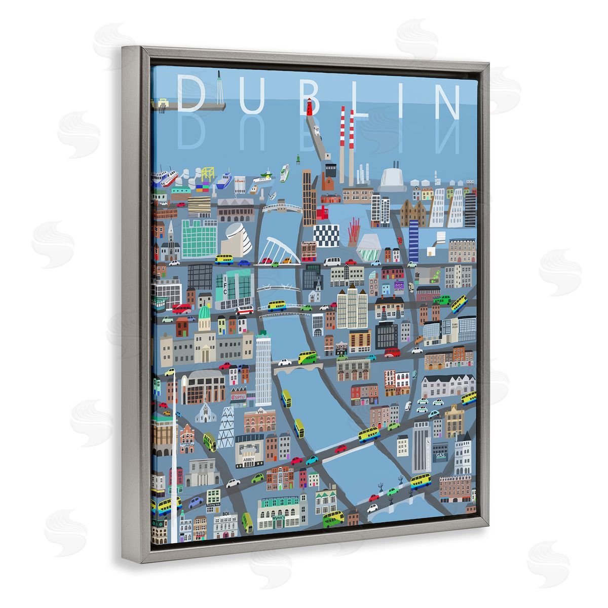 Carla Daly Dublin Coastal City Map Bridges Buildings Gray Floating Frame Canvas Wall Art Print