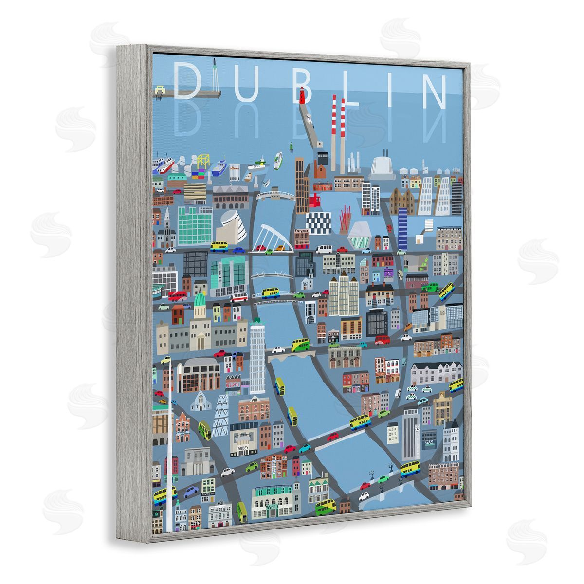 Carla Daly Dublin Coastal City Map Bridges Buildings Gray Framed Giclee Wall Art Print