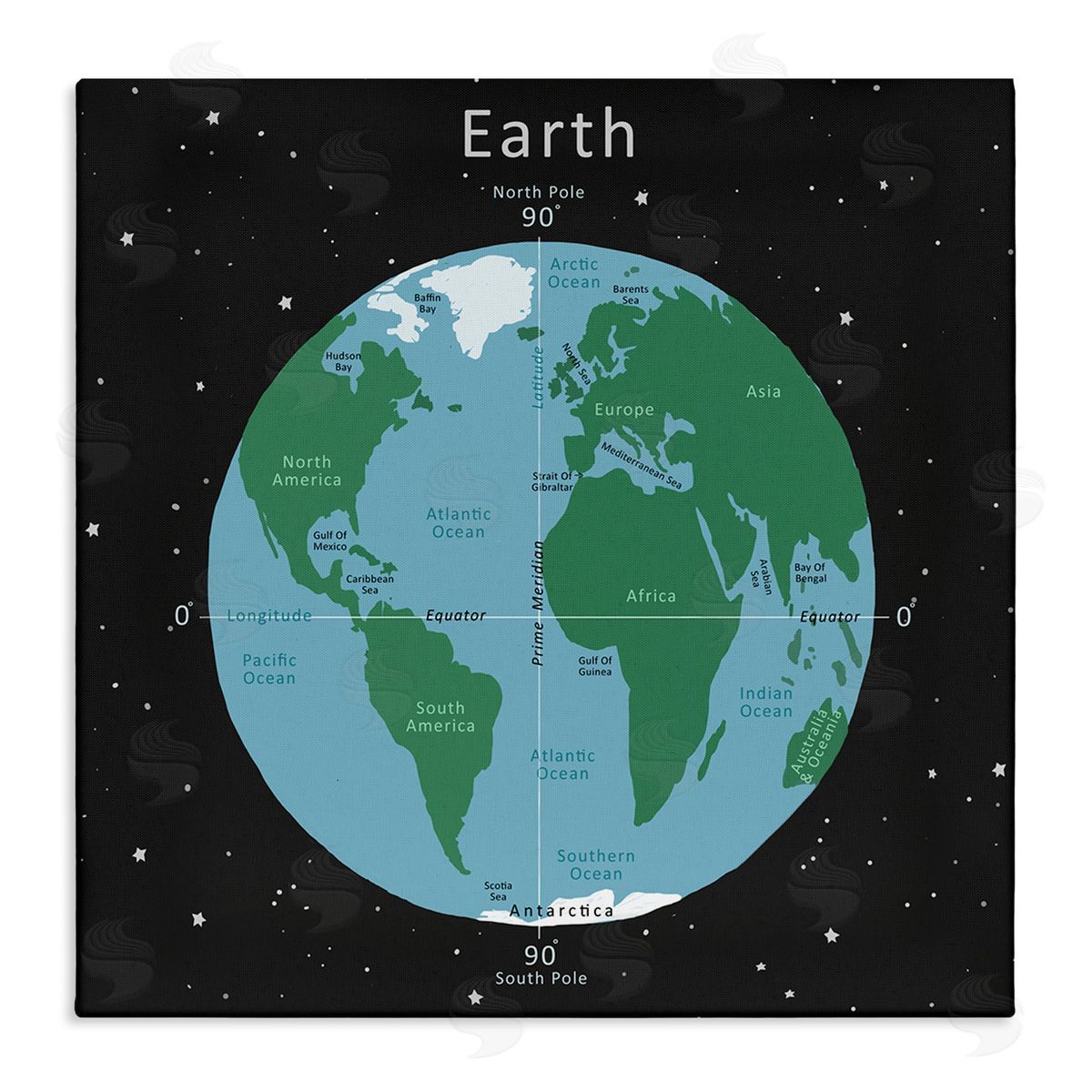Carla Daly Earth Equator Prime Meridian Map Diagram Globe Stretched Canvas Wall Art Print