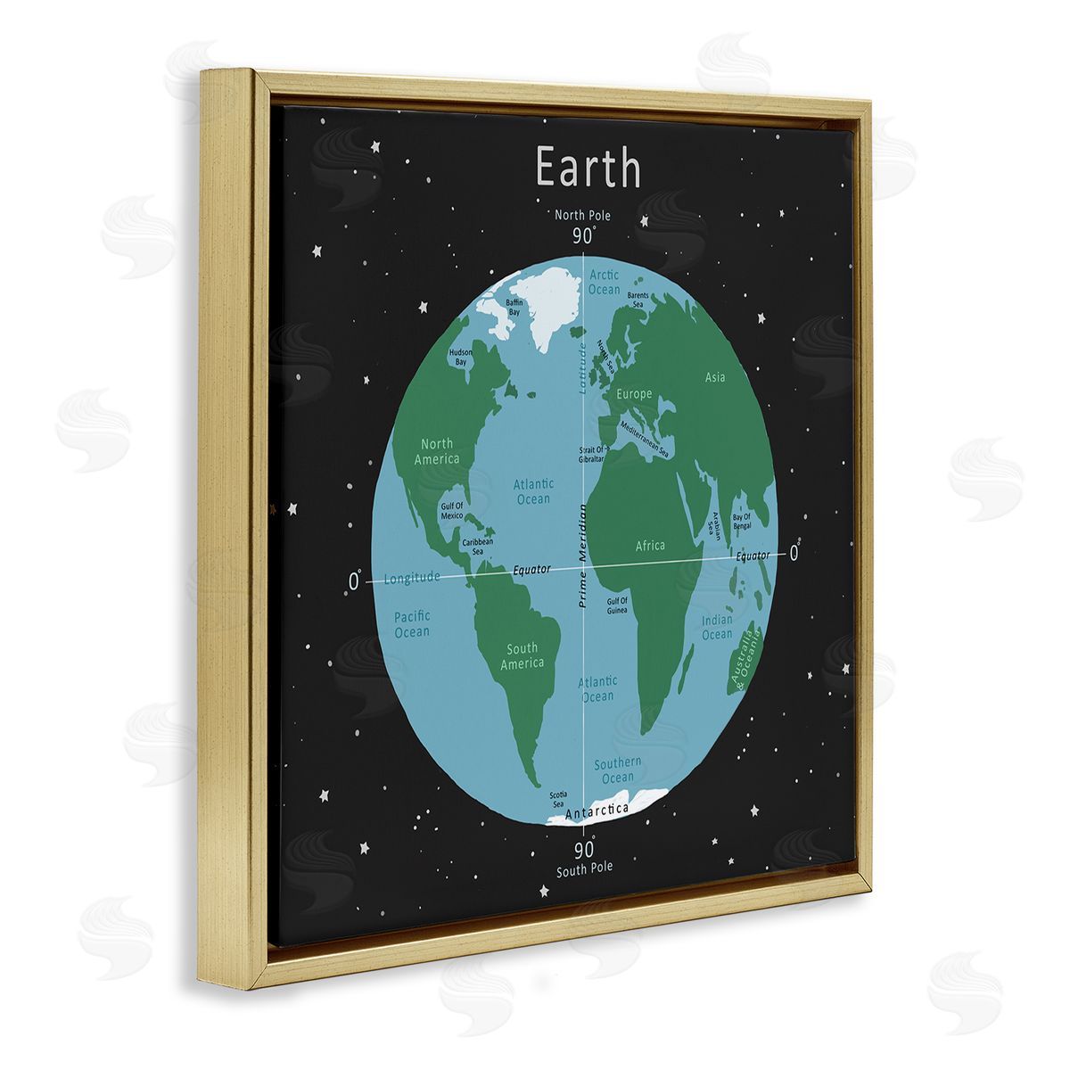 Carla Daly Earth Equator Prime Meridian Map Diagram Globe Gold Floating Frame Canvas Wall Art Print