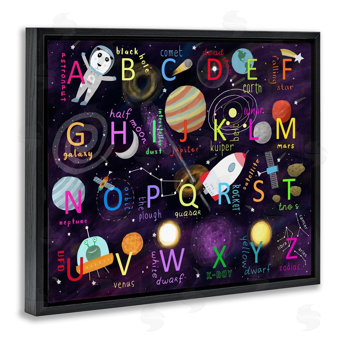 Carla Daly Alphabet Teaching Outer Space Astronomy Words Letters Black Floating Frame Canvas Wall Art Print