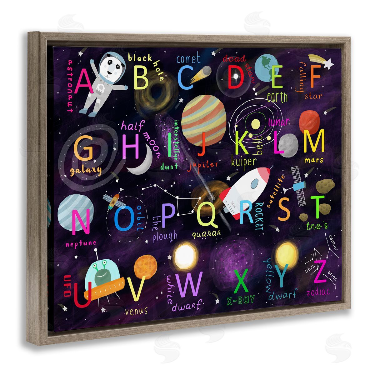 Carla Daly Alphabet Teaching Outer Space Astronomy Words Letters Brown Floating Frame Canvas Wall Art Print