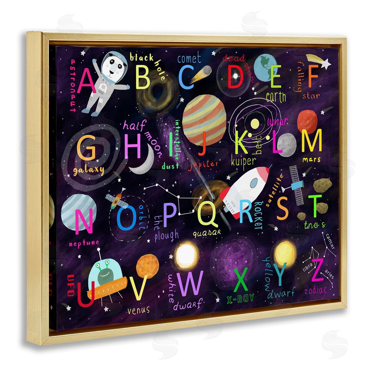 Carla Daly Alphabet Teaching Outer Space Astronomy Words Letters Gold Floating Frame Canvas Wall Art Print