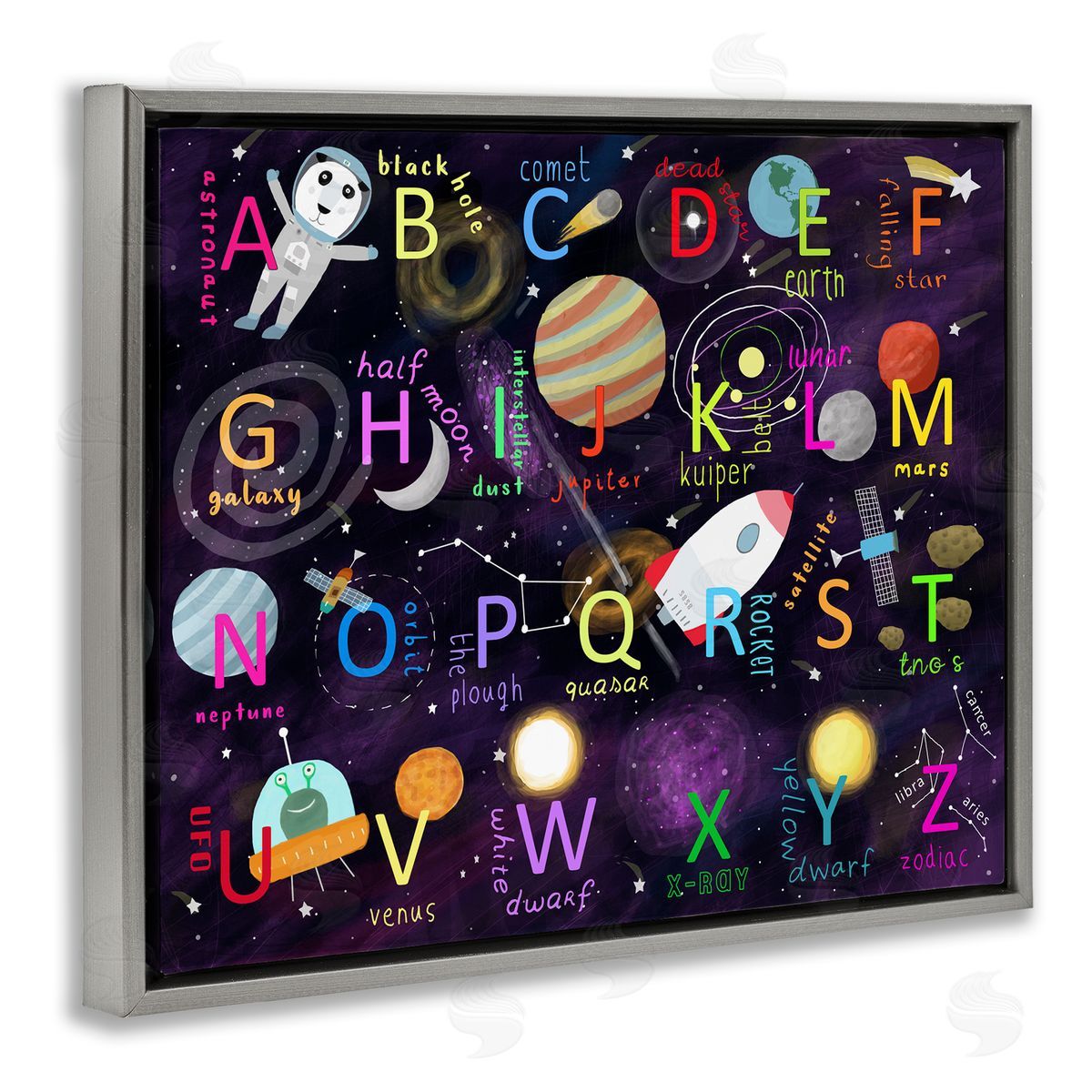 Carla Daly Alphabet Teaching Outer Space Astronomy Words Letters Gray Floating Frame Canvas Wall Art Print