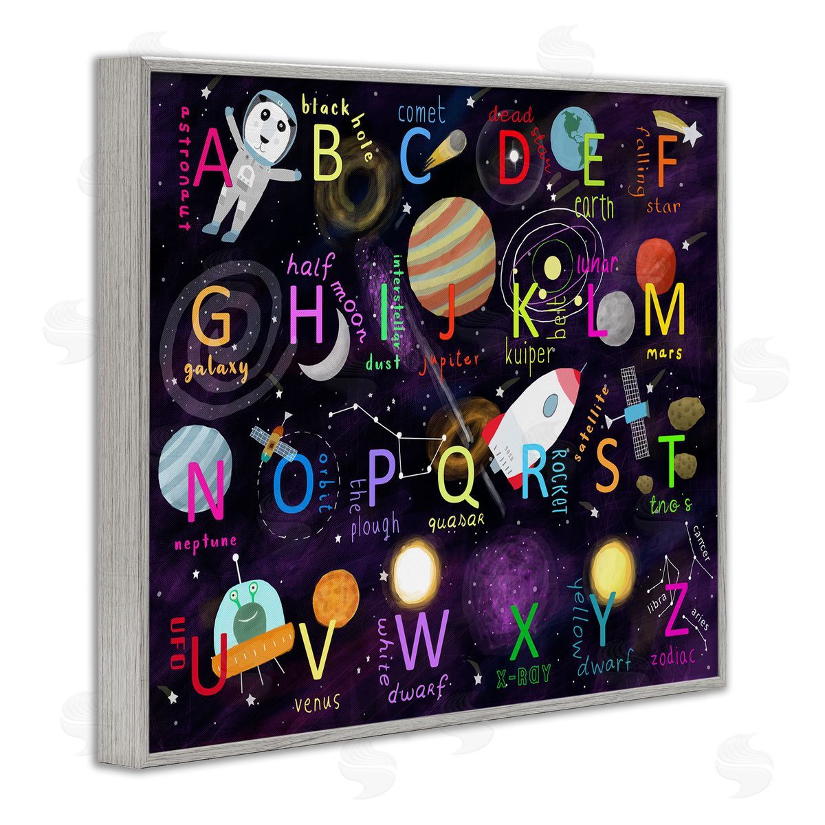 Carla Daly Alphabet Teaching Outer Space Astronomy Words Letters Gray Framed Giclee Wall Art Print