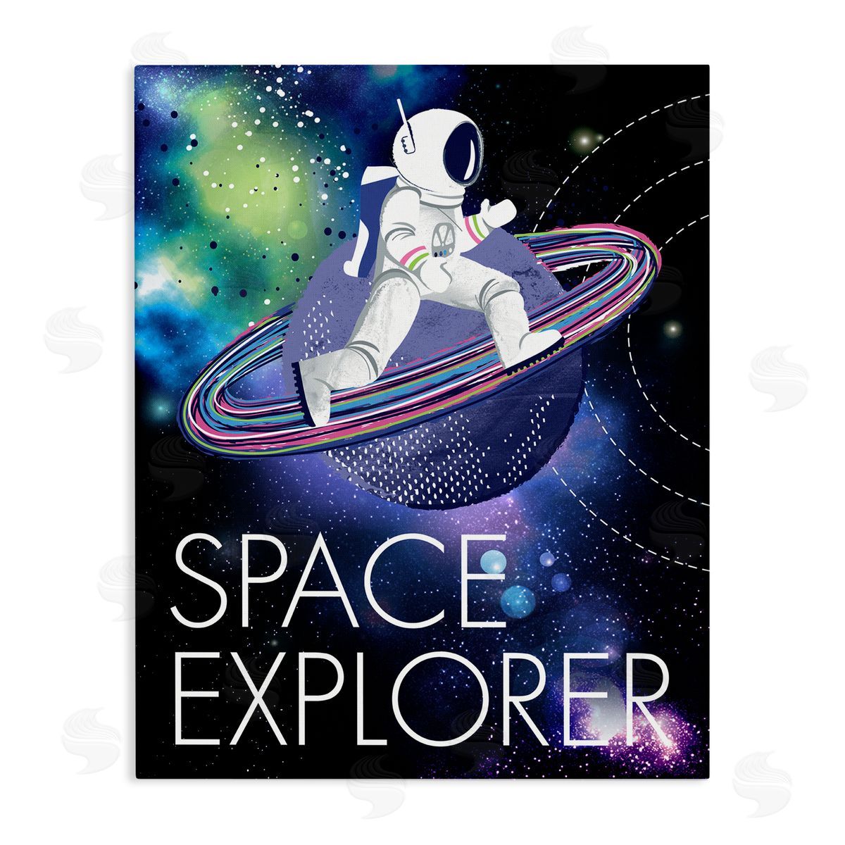 Jennifer Ellory Space Explorer Starry Universe Astronaut on Galaxy Planet Stretched Canvas Wall Art Print