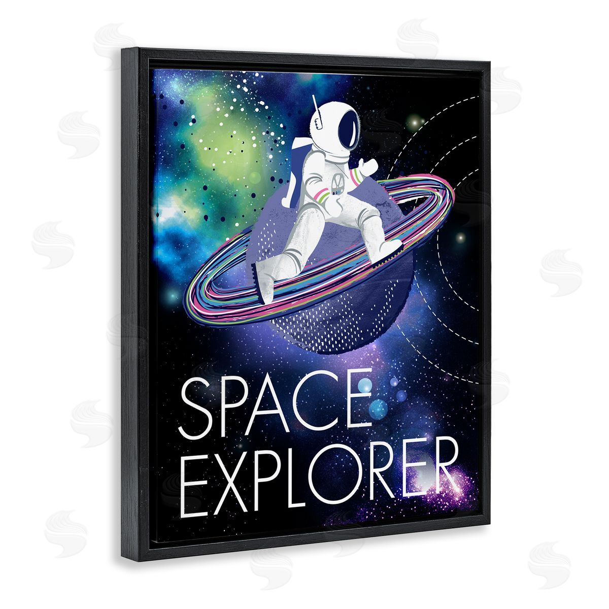 Jennifer Ellory Space Explorer Starry Universe Astronaut on Galaxy Planet Black Floating Frame Canvas Wall Art Print