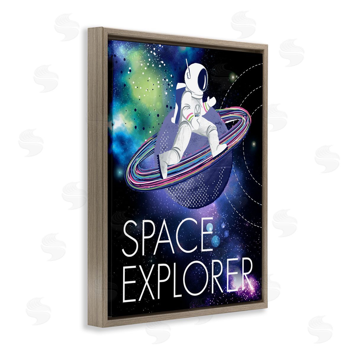 Jennifer Ellory Space Explorer Starry Universe Astronaut on Galaxy Planet Brown Floating Frame Canvas Wall Art Print